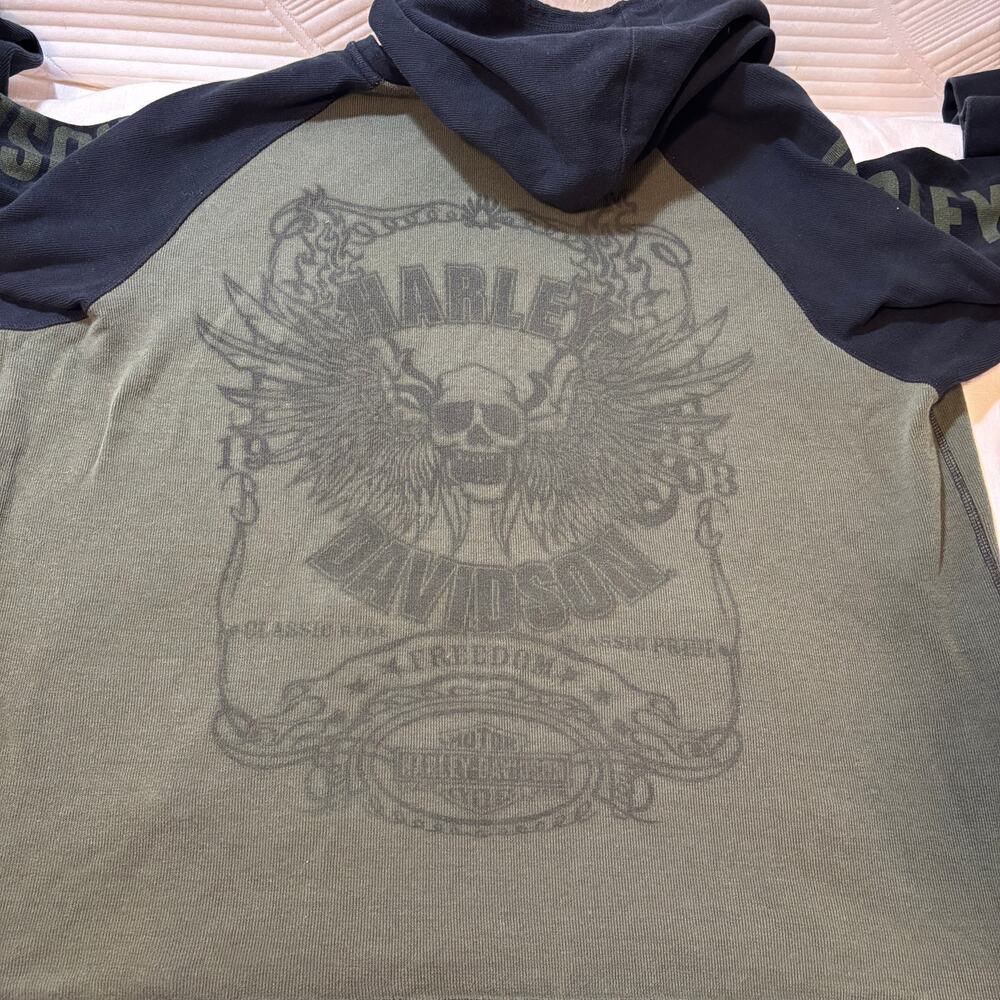 Harley Davidson Mens XXL Hoodie Olive Black Eagle Graphic Sleeve Spellout 2XL
